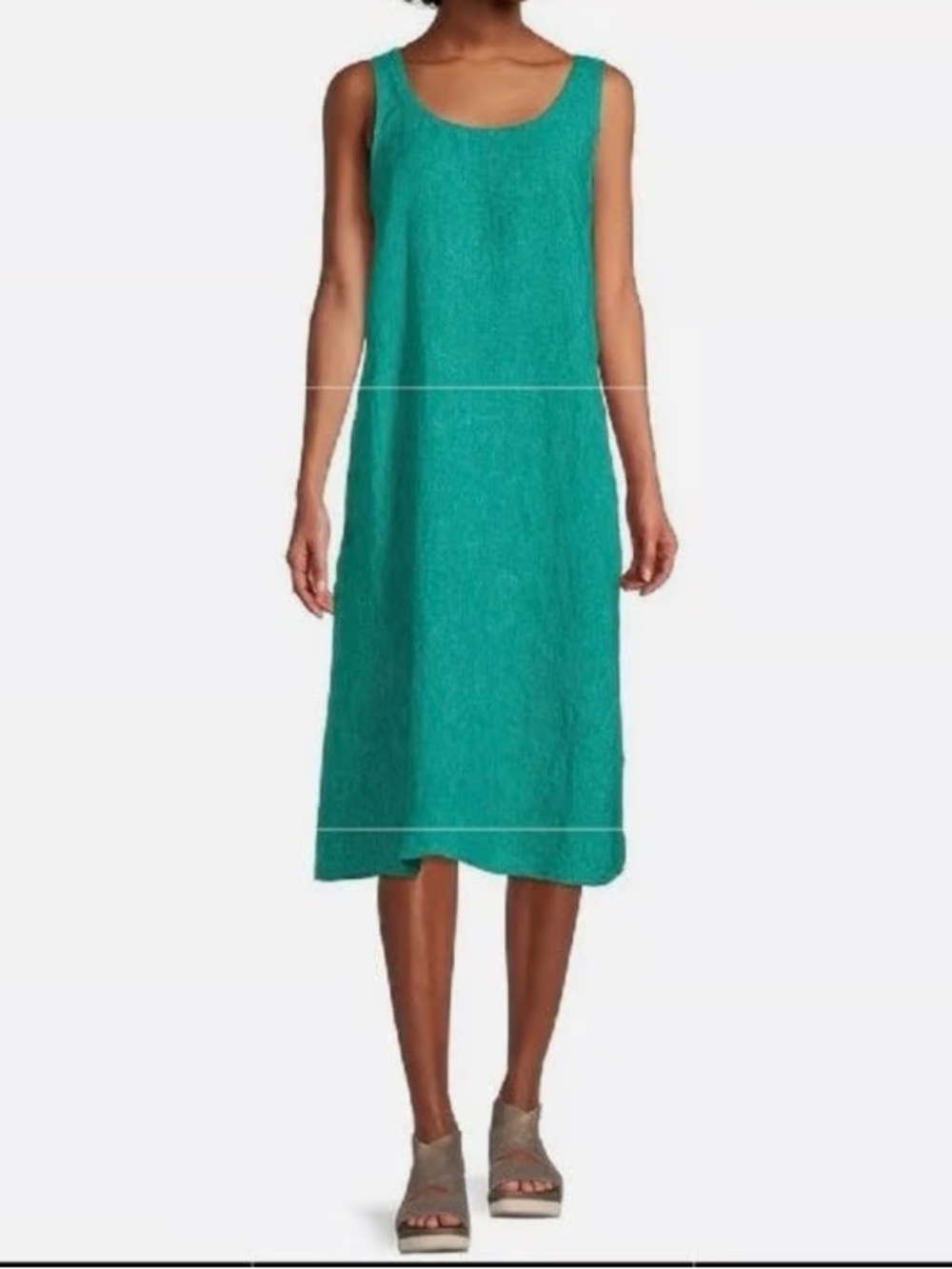 Eileen Fisher Organic Delave Linen Sleeveless Scoop Neck Midi Dress in Teal